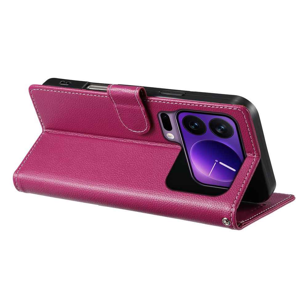 For Xiaomi 17 Pro Case Magnetic Snap Litchi Texture Leather Wallet Phone Cover with Wrist Strap - Rose