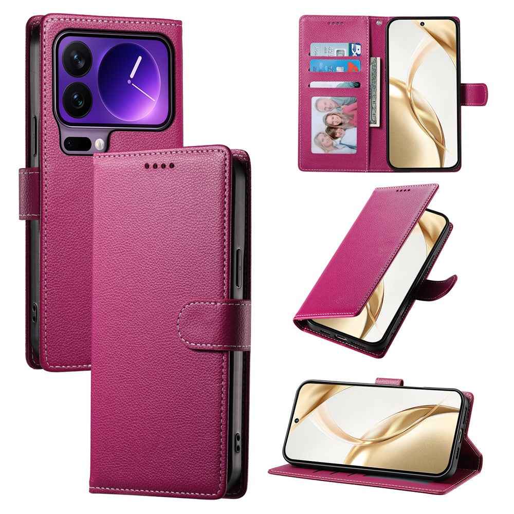For Xiaomi 17 Pro Case Magnetic Snap Litchi Texture Leather Wallet Phone Cover with Wrist Strap - Rose