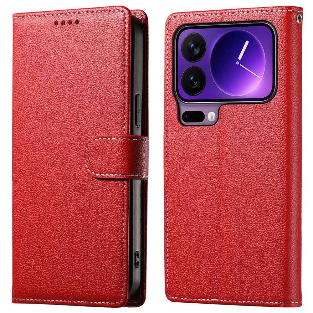 For Xiaomi 17 Pro Case Magnetic Snap Litchi Texture Leather Wallet Phone Cover with Wrist Strap - Red