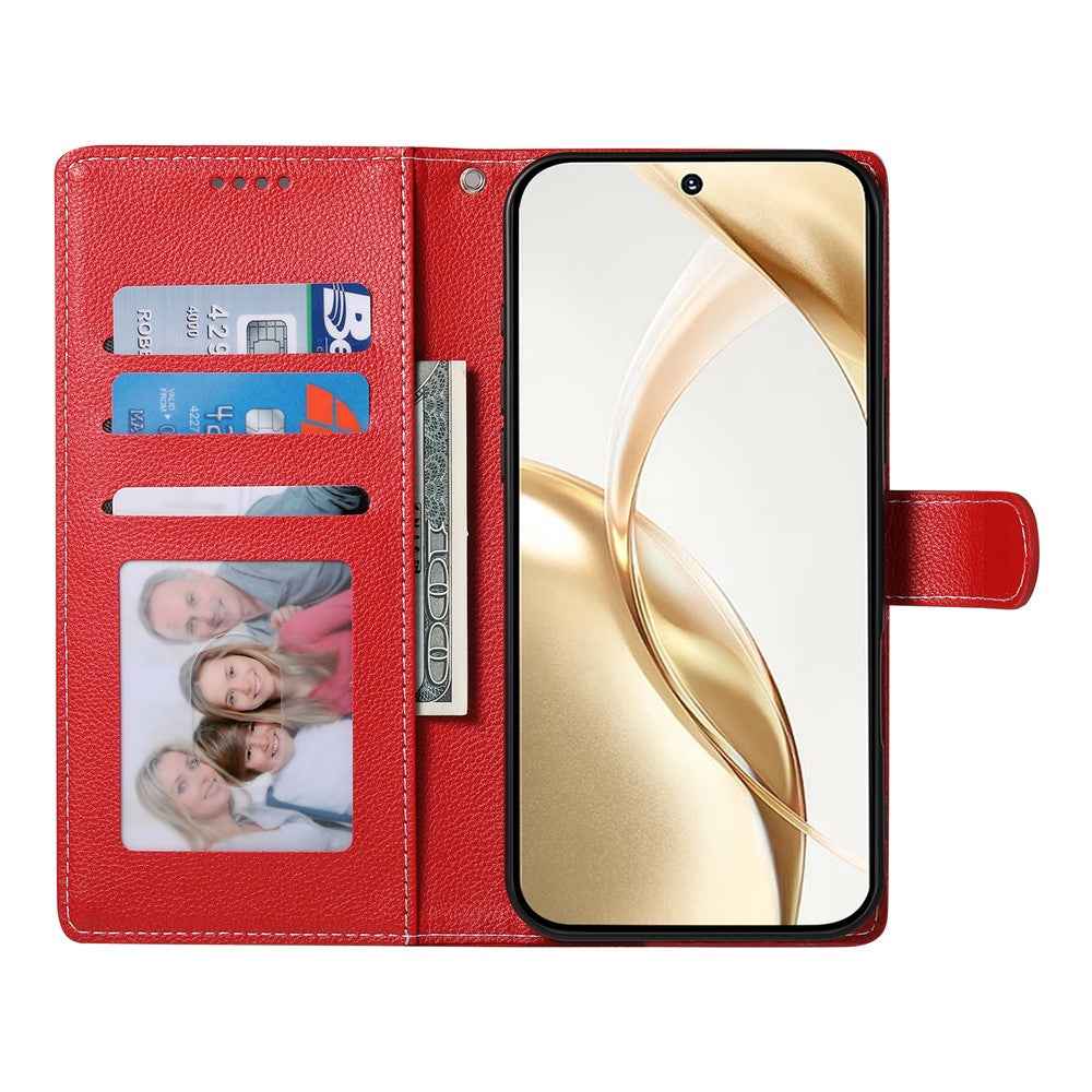For Xiaomi 17 Pro Case Magnetic Snap Litchi Texture Leather Wallet Phone Cover with Wrist Strap - Red
