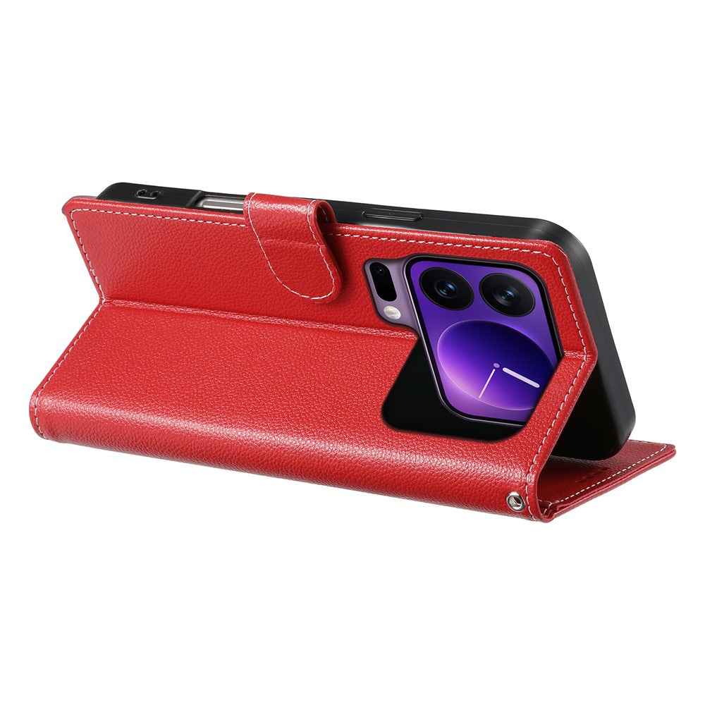 For Xiaomi 17 Pro Case Magnetic Snap Litchi Texture Leather Wallet Phone Cover with Wrist Strap - Red