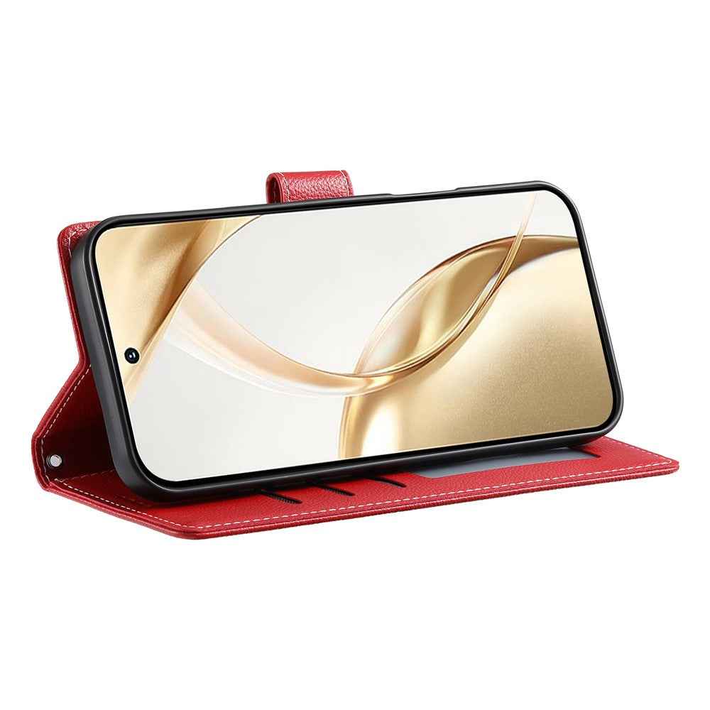 For Xiaomi 17 Pro Case Magnetic Snap Litchi Texture Leather Wallet Phone Cover with Wrist Strap - Red