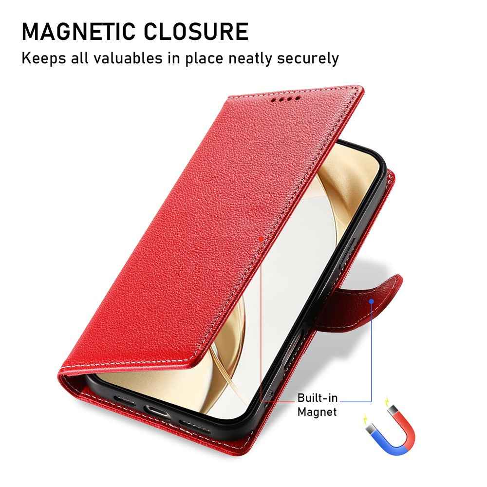 For Xiaomi 17 Pro Case Magnetic Snap Litchi Texture Leather Wallet Phone Cover with Wrist Strap - Red
