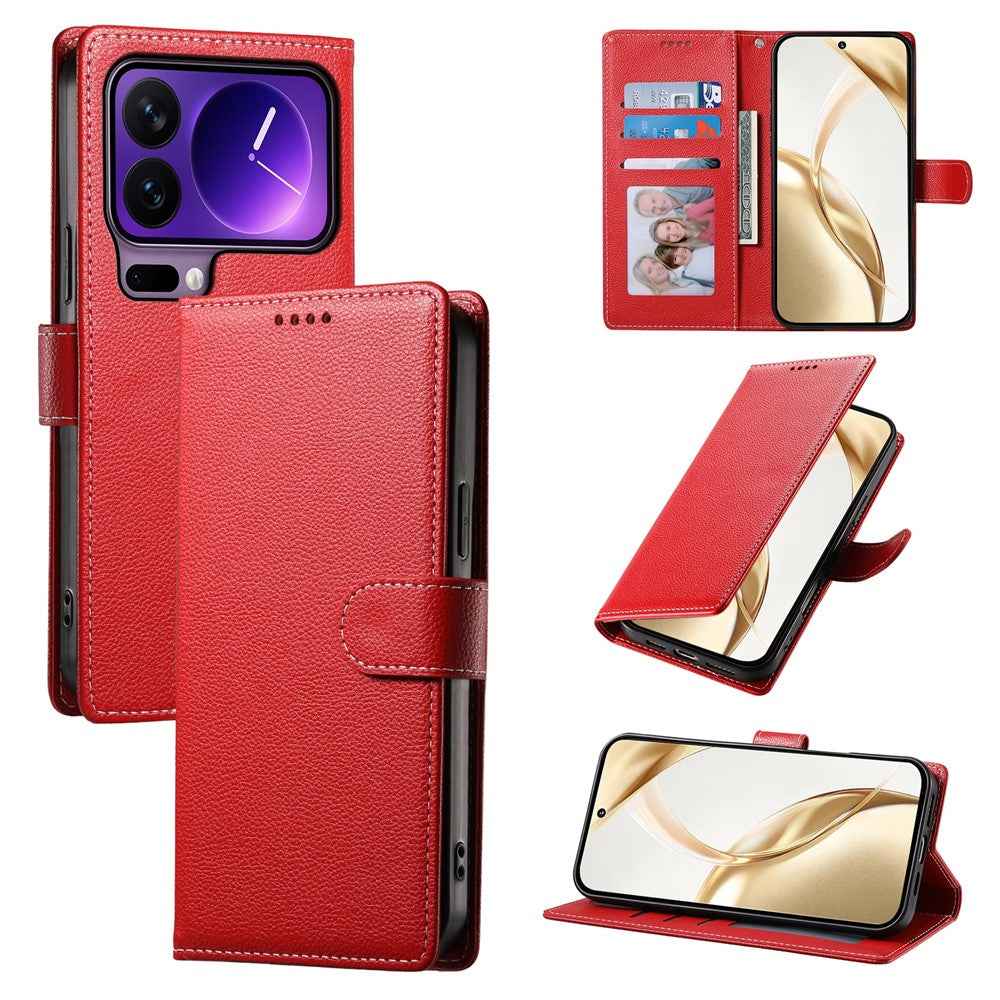 For Xiaomi 17 Pro Case Magnetic Snap Litchi Texture Leather Wallet Phone Cover with Wrist Strap - Red