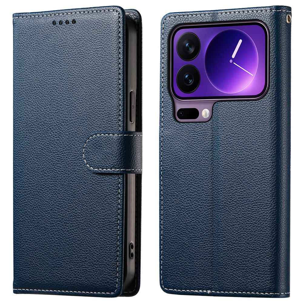 For Xiaomi 17 Pro Case Magnetic Snap Litchi Texture Leather Wallet Phone Cover with Wrist Strap - Dark Blue