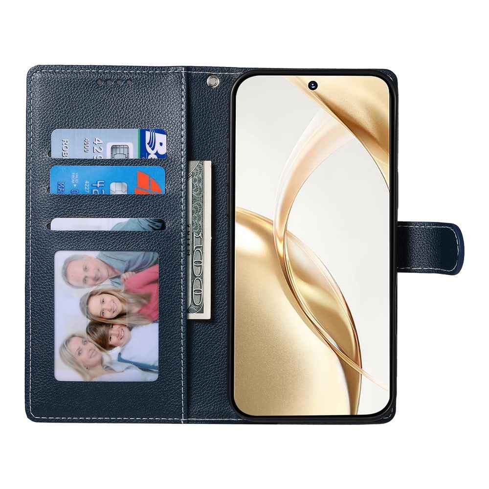 For Xiaomi 17 Pro Case Magnetic Snap Litchi Texture Leather Wallet Phone Cover with Wrist Strap - Dark Blue