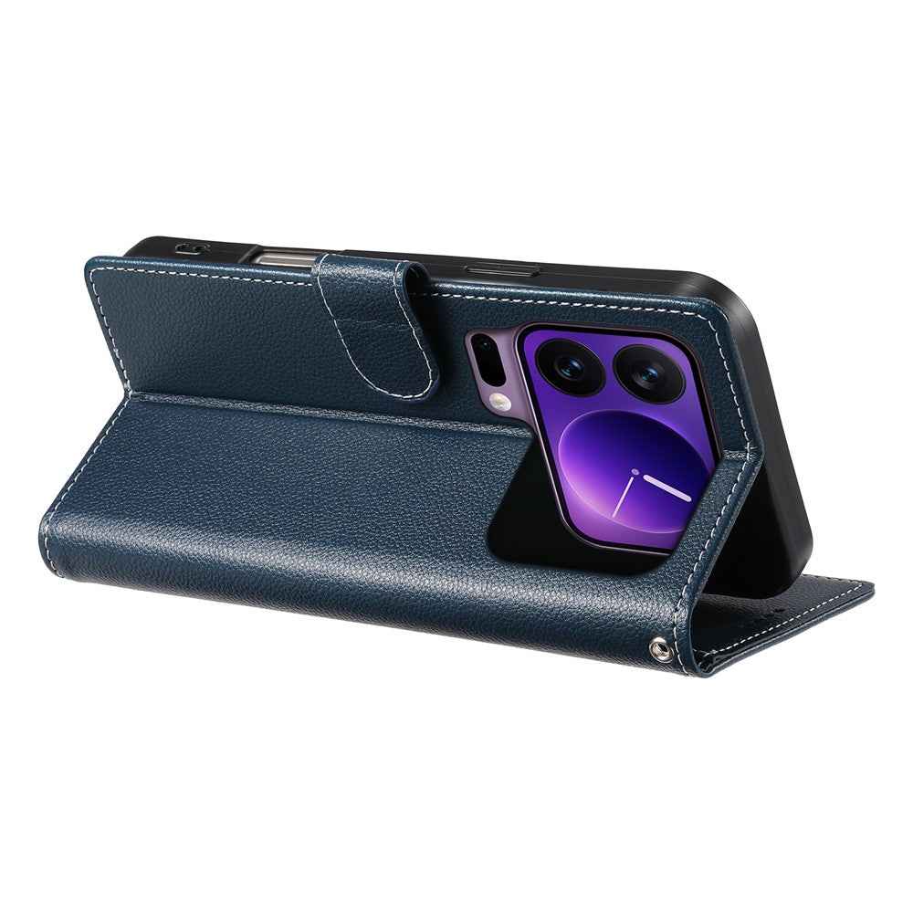 For Xiaomi 17 Pro Case Magnetic Snap Litchi Texture Leather Wallet Phone Cover with Wrist Strap - Dark Blue