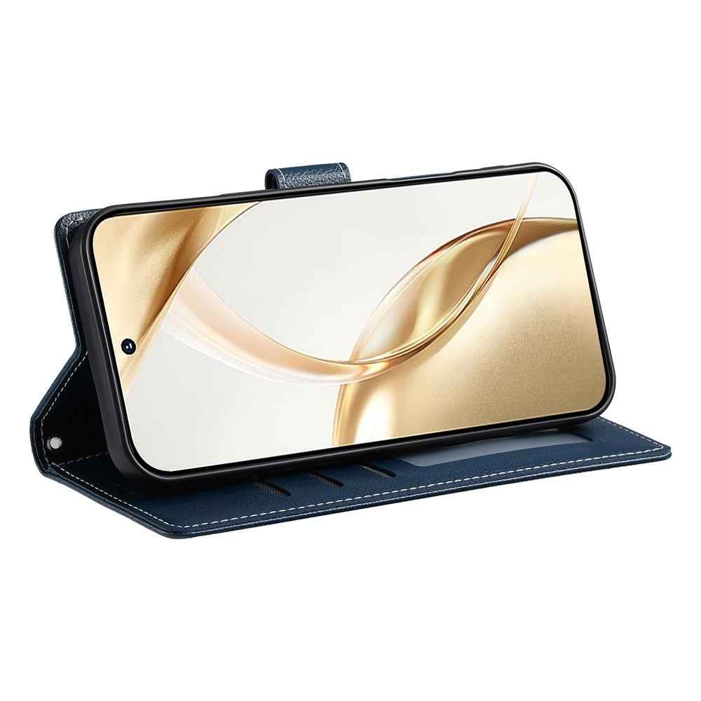 For Xiaomi 17 Pro Case Magnetic Snap Litchi Texture Leather Wallet Phone Cover with Wrist Strap - Dark Blue