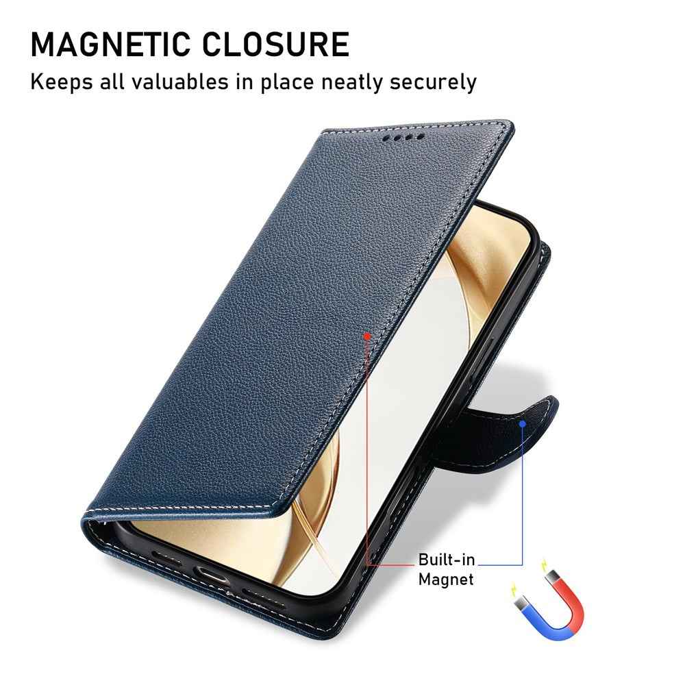 For Xiaomi 17 Pro Case Magnetic Snap Litchi Texture Leather Wallet Phone Cover with Wrist Strap - Dark Blue