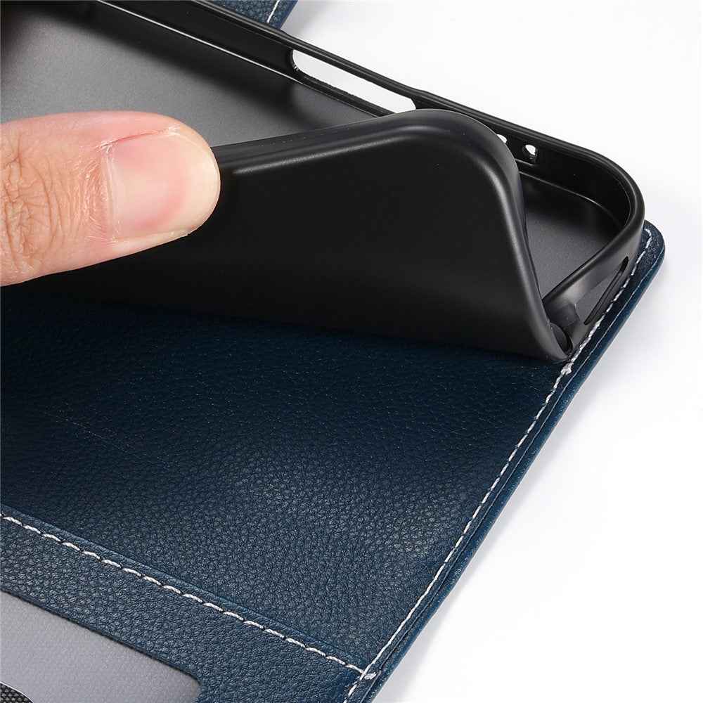 For Xiaomi 17 Pro Case Magnetic Snap Litchi Texture Leather Wallet Phone Cover with Wrist Strap - Dark Blue