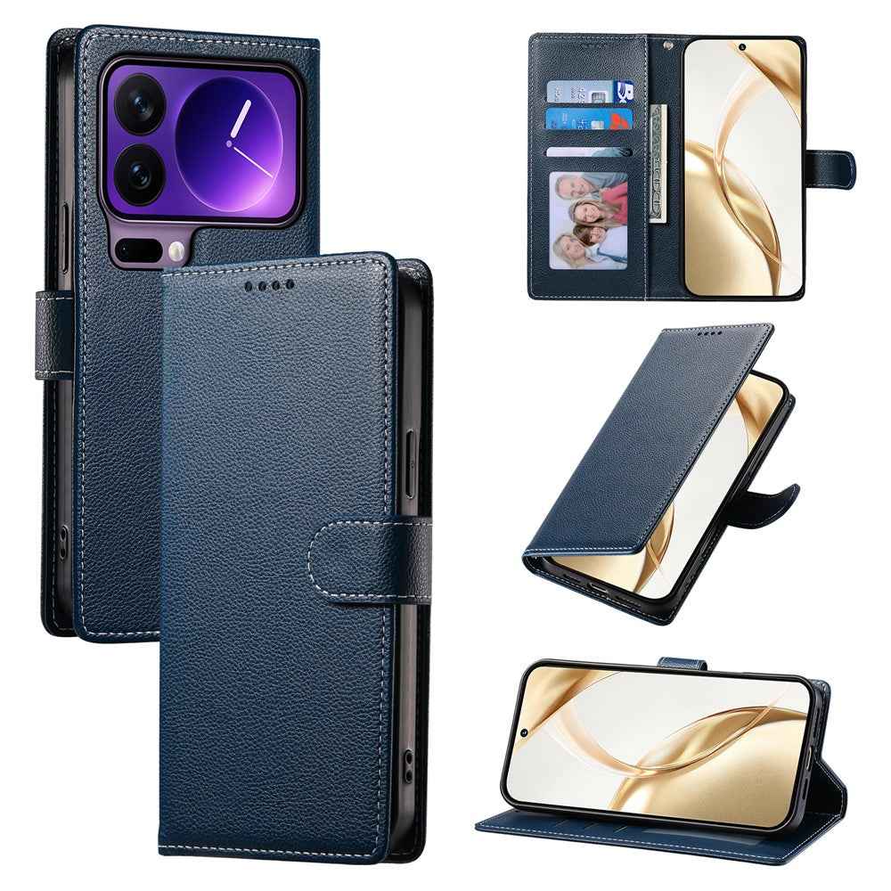For Xiaomi 17 Pro Case Magnetic Snap Litchi Texture Leather Wallet Phone Cover with Wrist Strap - Dark Blue