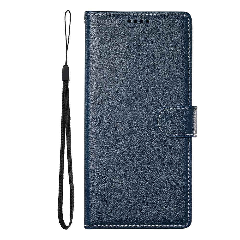 For Xiaomi 17 Pro Case Magnetic Snap Litchi Texture Leather Wallet Phone Cover with Wrist Strap - Dark Blue