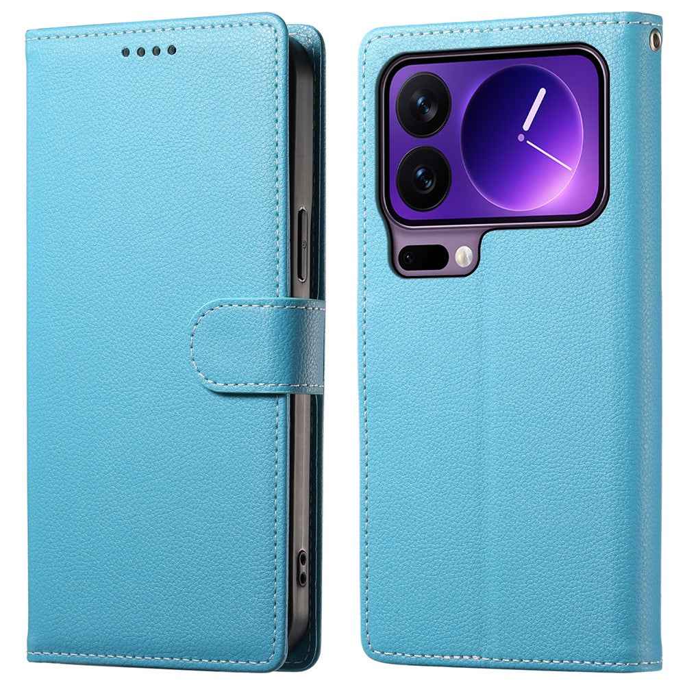 For Xiaomi 17 Pro Case Magnetic Snap Litchi Texture Leather Wallet Phone Cover with Wrist Strap - Sky Blue