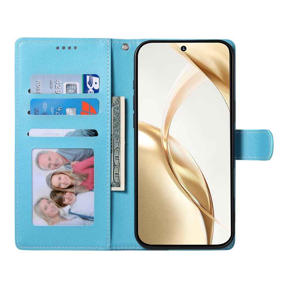 For Xiaomi 17 Pro Case Magnetic Snap Litchi Texture Leather Wallet Phone Cover with Wrist Strap - Sky Blue