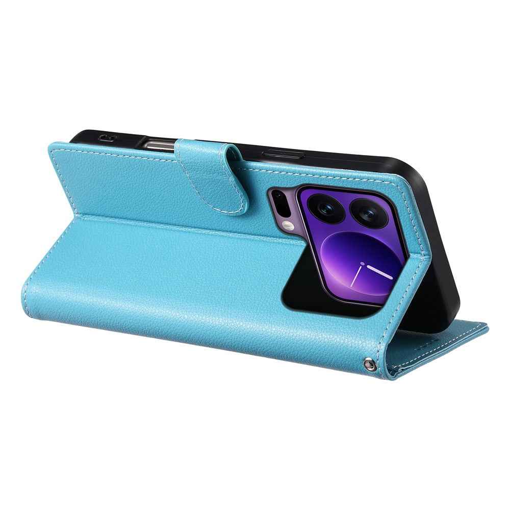 For Xiaomi 17 Pro Case Magnetic Snap Litchi Texture Leather Wallet Phone Cover with Wrist Strap - Sky Blue