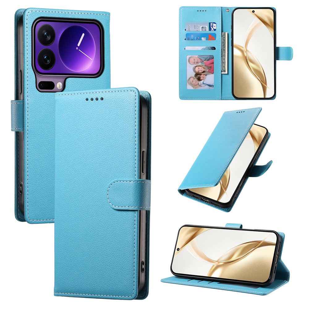 For Xiaomi 17 Pro Case Magnetic Snap Litchi Texture Leather Wallet Phone Cover with Wrist Strap - Sky Blue