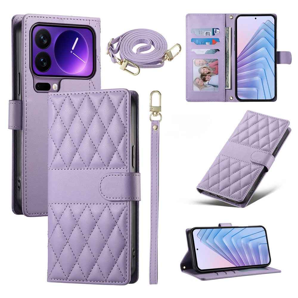 For Xiaomi 17 Pro Wallet Case Rhombus Stitching Stand Leather Phone Cover with Long  /  Short Strap - Purple