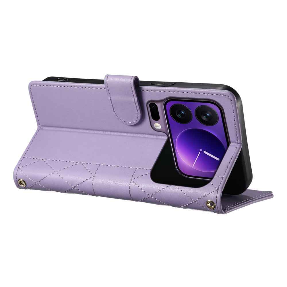 For Xiaomi 17 Pro Wallet Case Rhombus Stitching Stand Leather Phone Cover with Long  /  Short Strap - Purple