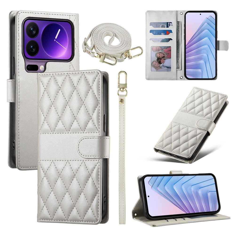 For Xiaomi 17 Pro Wallet Case Rhombus Stitching Stand Leather Phone Cover with Long  /  Short Strap - Beige
