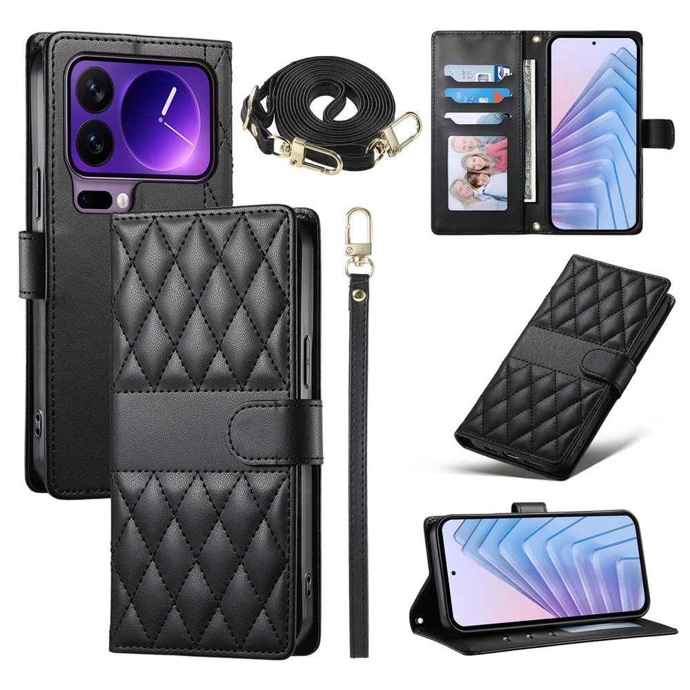 For Xiaomi 17 Pro Wallet Case Rhombus Stitching Stand Leather Phone Cover with Long  /  Short Strap - Black