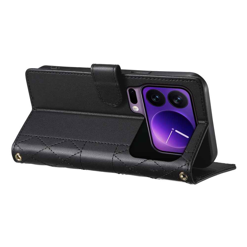 For Xiaomi 17 Pro Wallet Case Rhombus Stitching Stand Leather Phone Cover with Long  /  Short Strap - Black