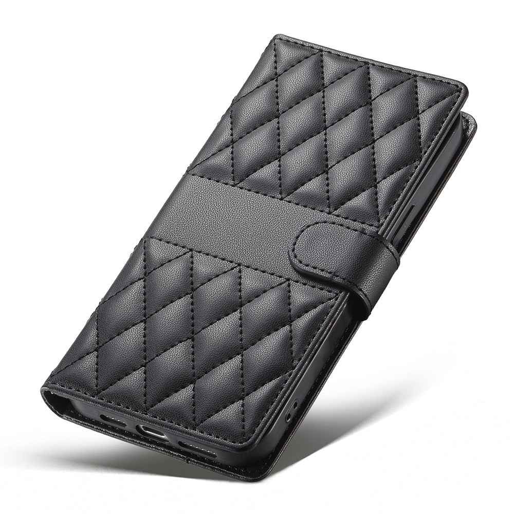 For Xiaomi 17 Pro Wallet Case Rhombus Stitching Stand Leather Phone Cover with Long  /  Short Strap - Black
