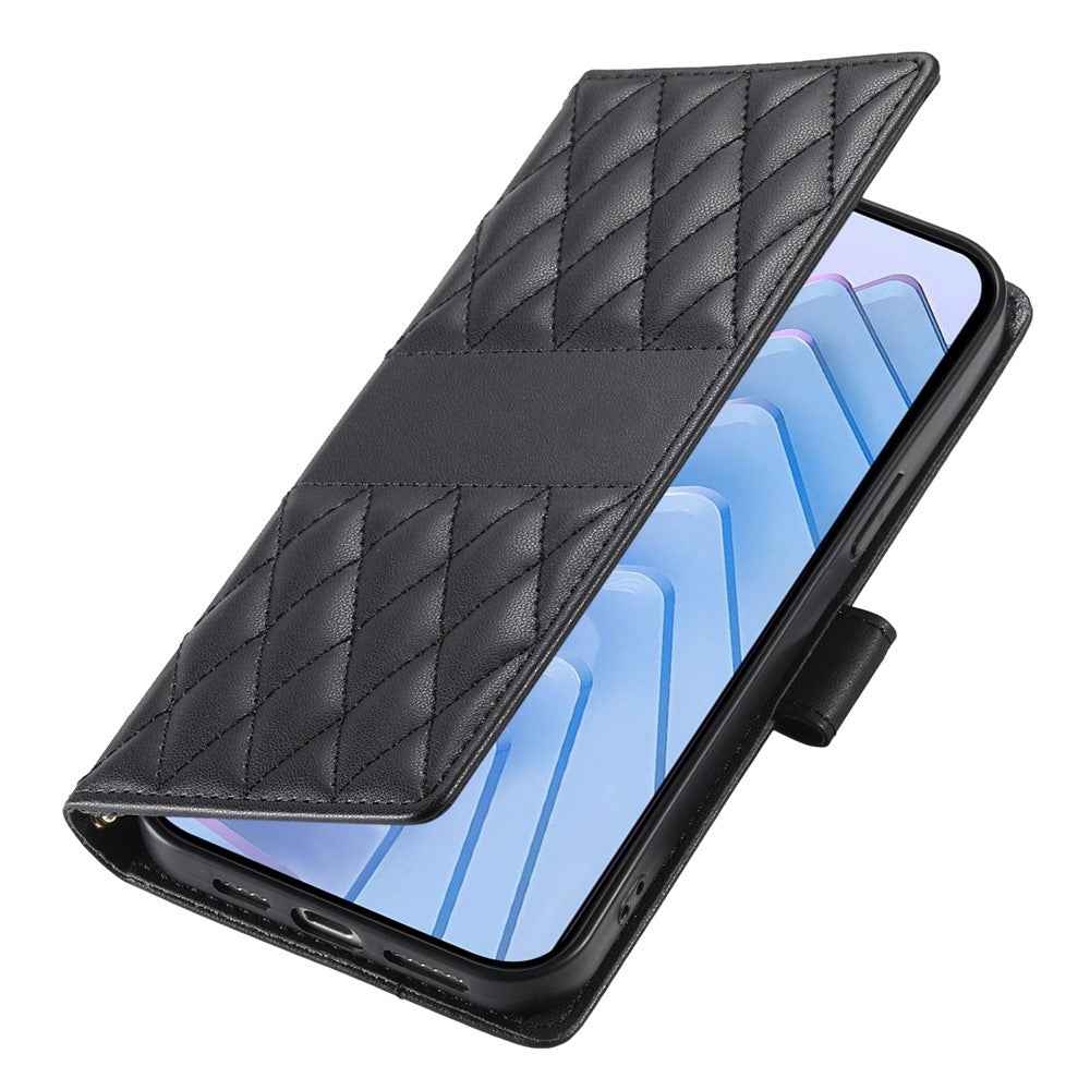 For Xiaomi 17 Pro Wallet Case Rhombus Stitching Stand Leather Phone Cover with Long  /  Short Strap - Black
