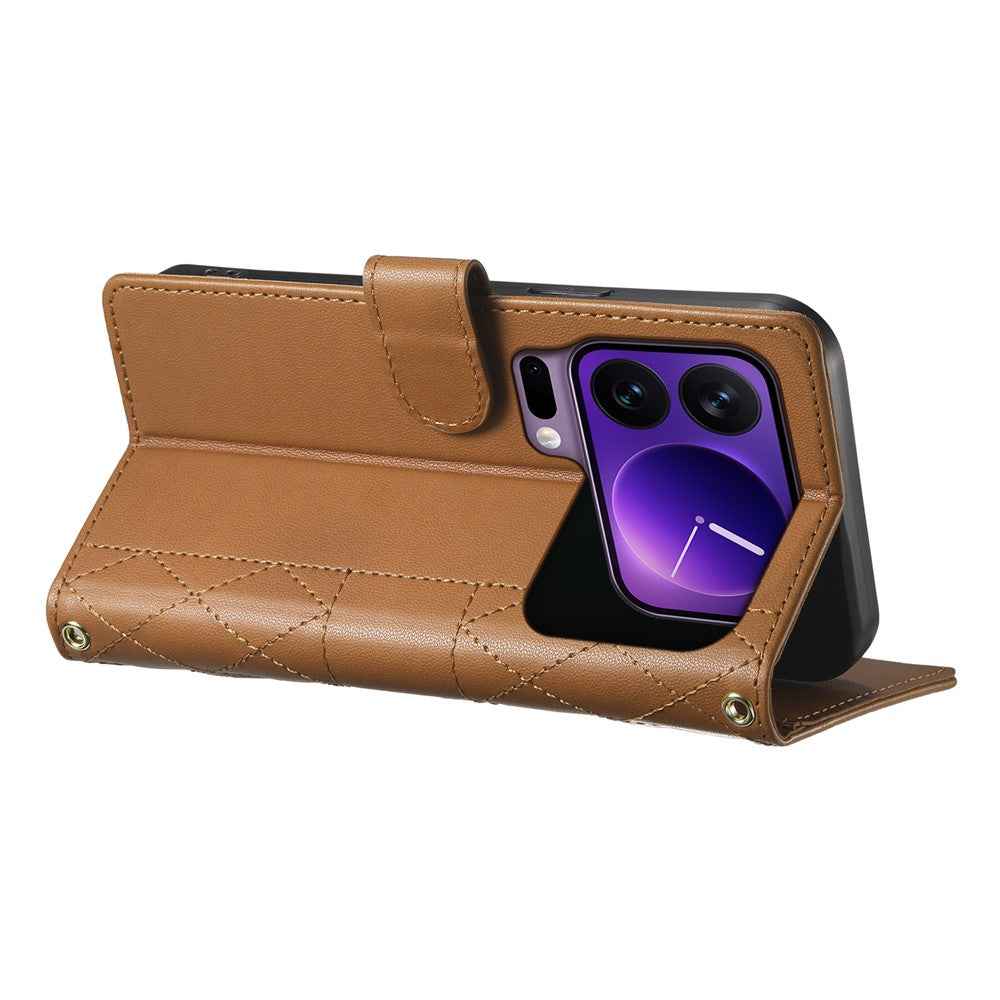 For Xiaomi 17 Pro Wallet Case Rhombus Stitching Stand Leather Phone Cover with Long  /  Short Strap - Brown