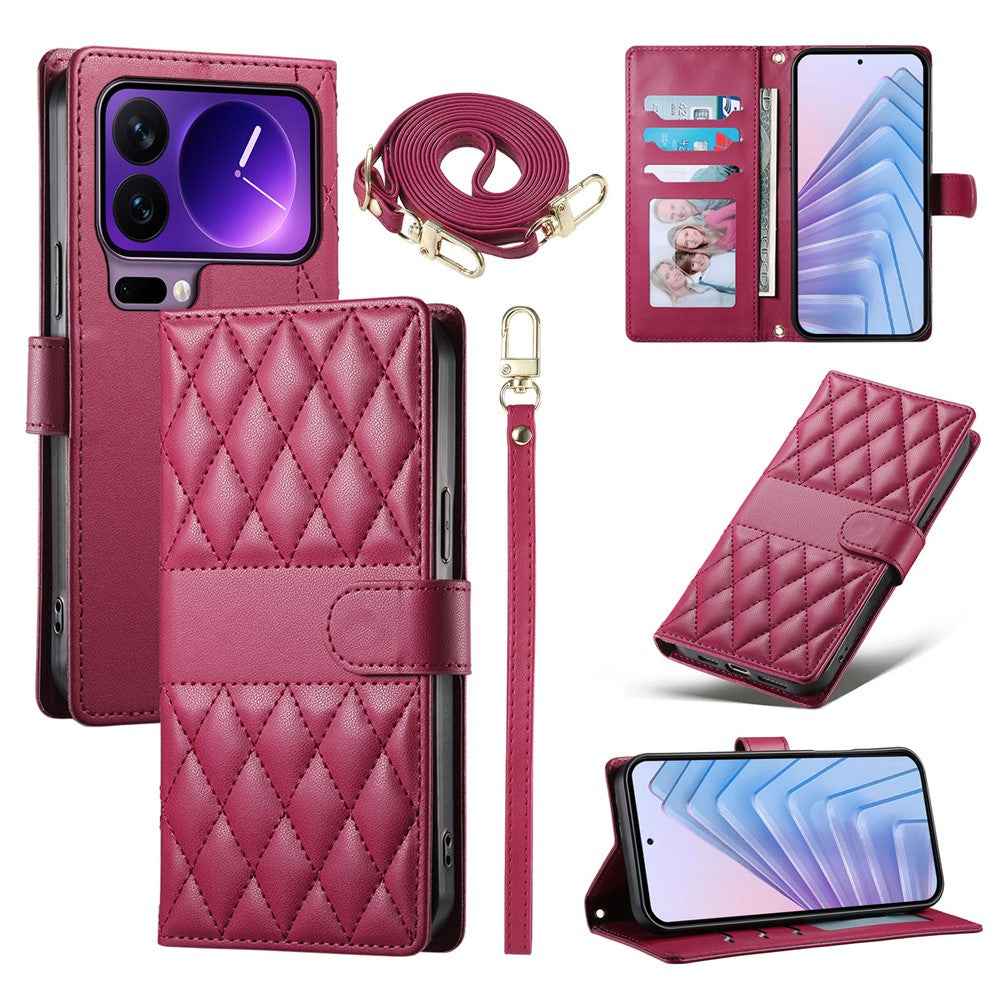 For Xiaomi 17 Pro Wallet Case Rhombus Stitching Stand Leather Phone Cover with Long  /  Short Strap - Red