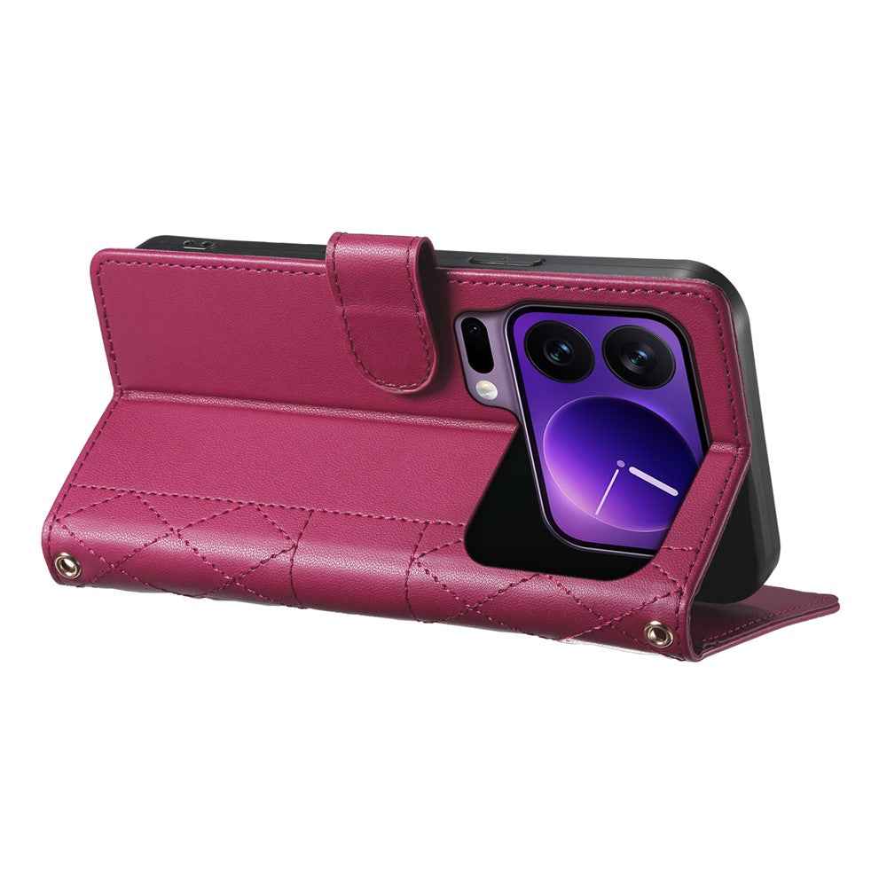For Xiaomi 17 Pro Wallet Case Rhombus Stitching Stand Leather Phone Cover with Long  /  Short Strap - Red