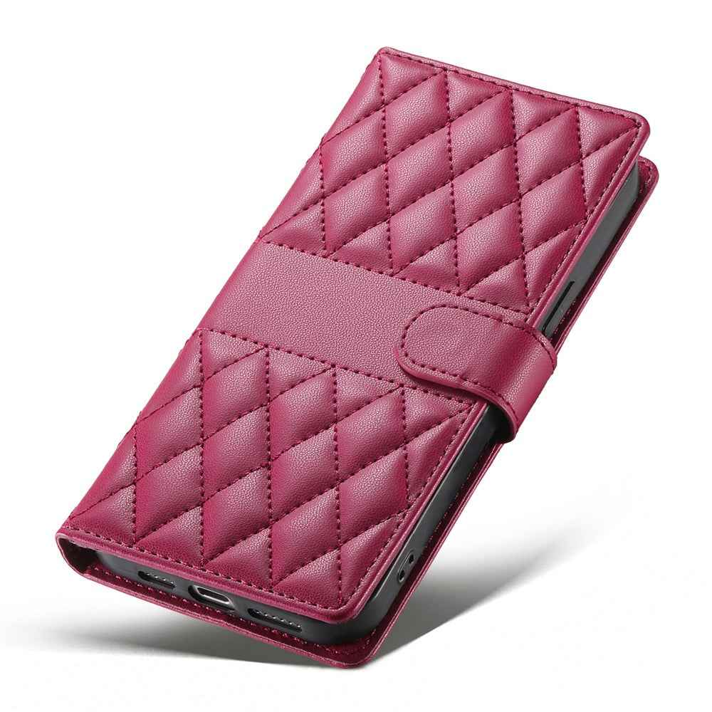 For Xiaomi 17 Pro Wallet Case Rhombus Stitching Stand Leather Phone Cover with Long  /  Short Strap - Red