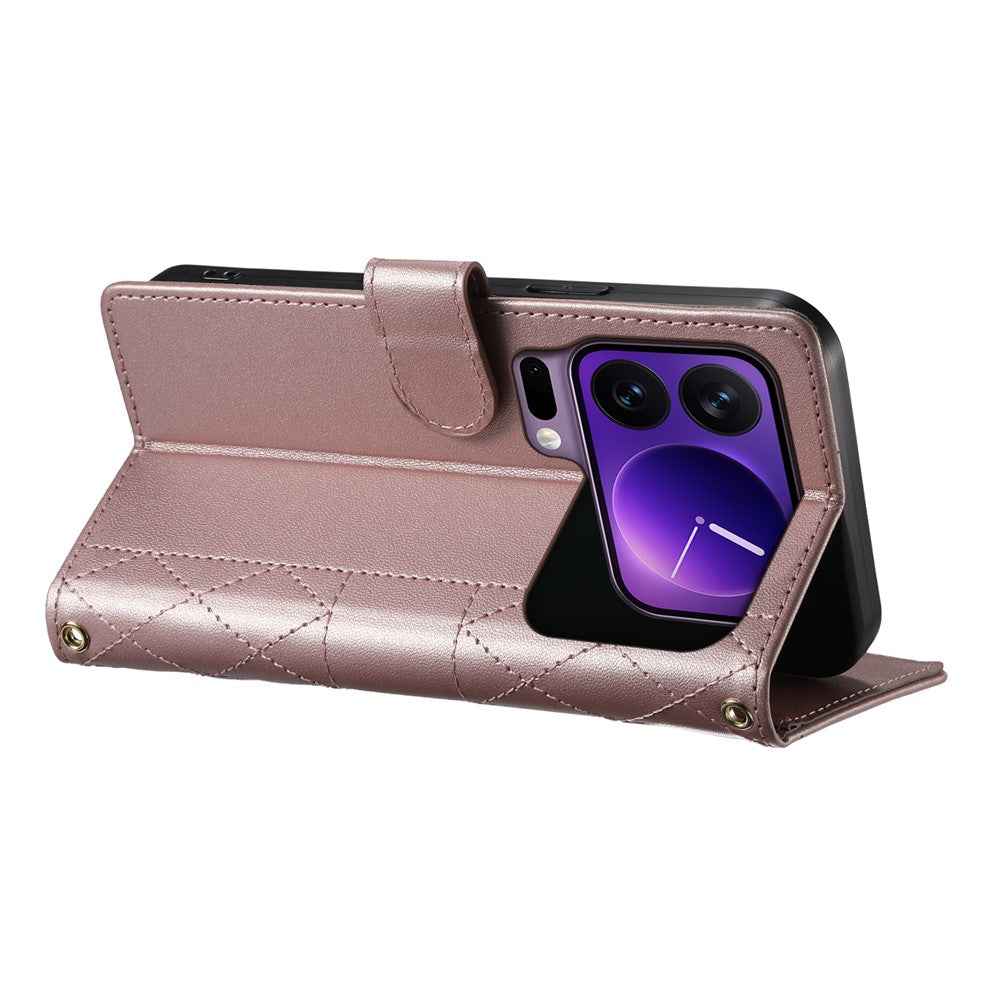 For Xiaomi 17 Pro Wallet Case Rhombus Stitching Stand Leather Phone Cover with Long  /  Short Strap - Rose Gold