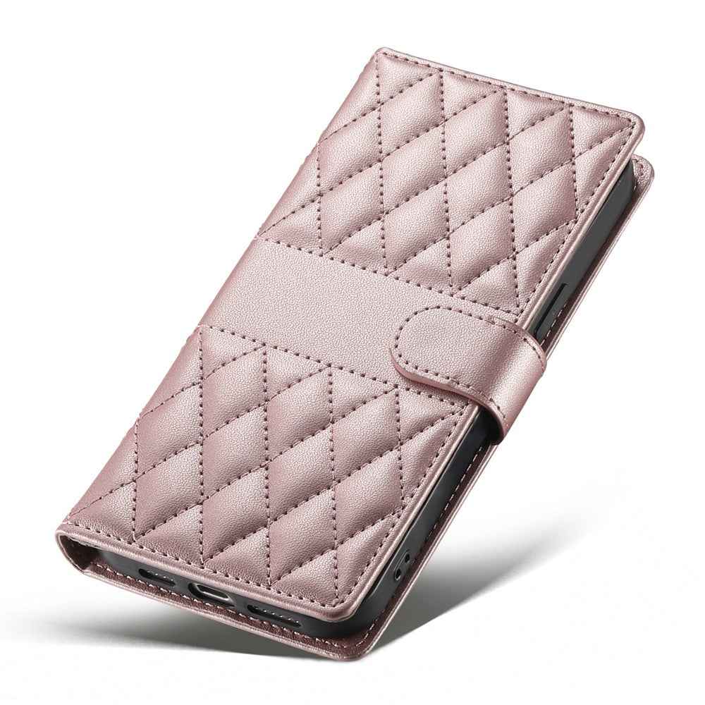 For Xiaomi 17 Pro Wallet Case Rhombus Stitching Stand Leather Phone Cover with Long  /  Short Strap - Rose Gold