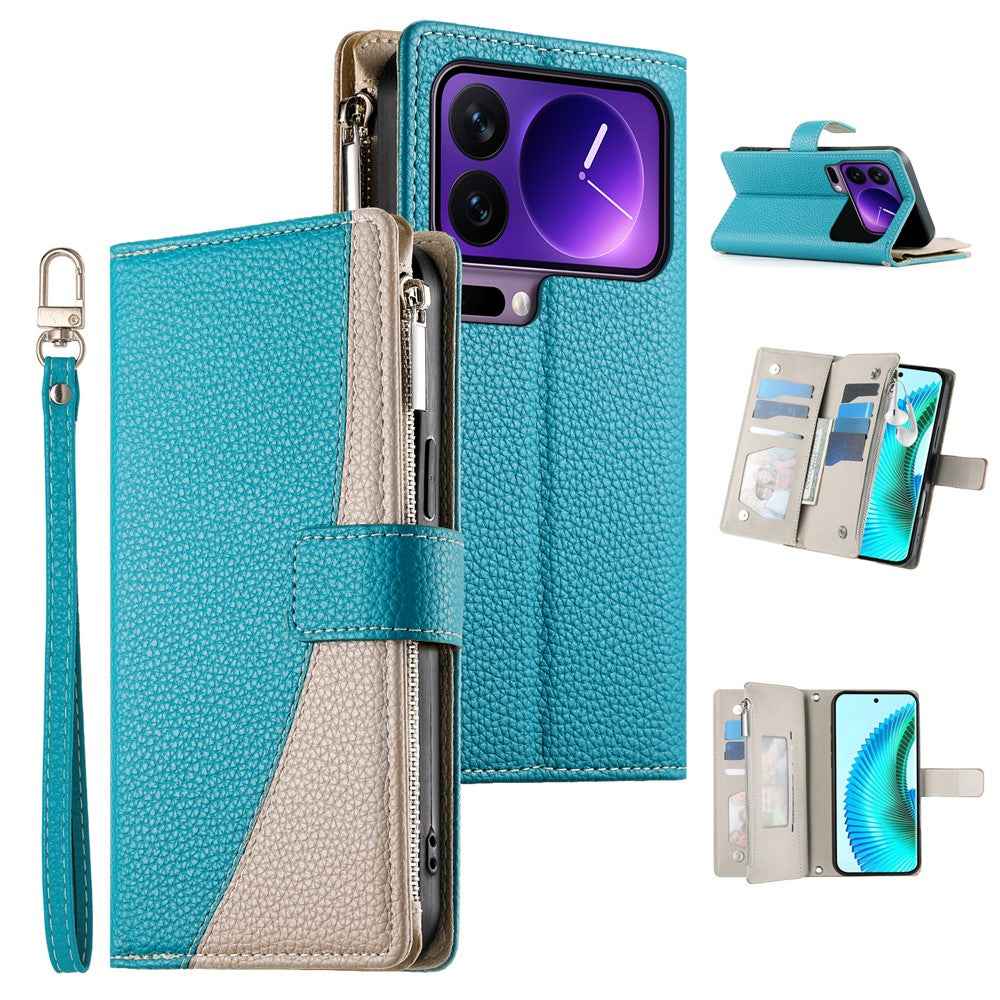 For Xiaomi 17 Pro Case Zipper Wallet Color Splicing Leather Flip Phone Cover with Straps - Lake Blue