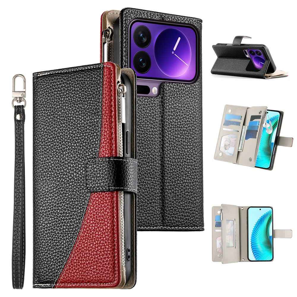For Xiaomi 17 Pro Case Zipper Wallet Color Splicing Leather Flip Phone Cover with Straps - Black