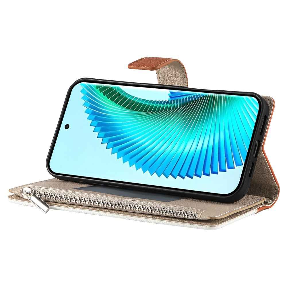For Xiaomi 17 Pro Case Zipper Wallet Color Splicing Leather Flip Phone Cover with Straps - Brown