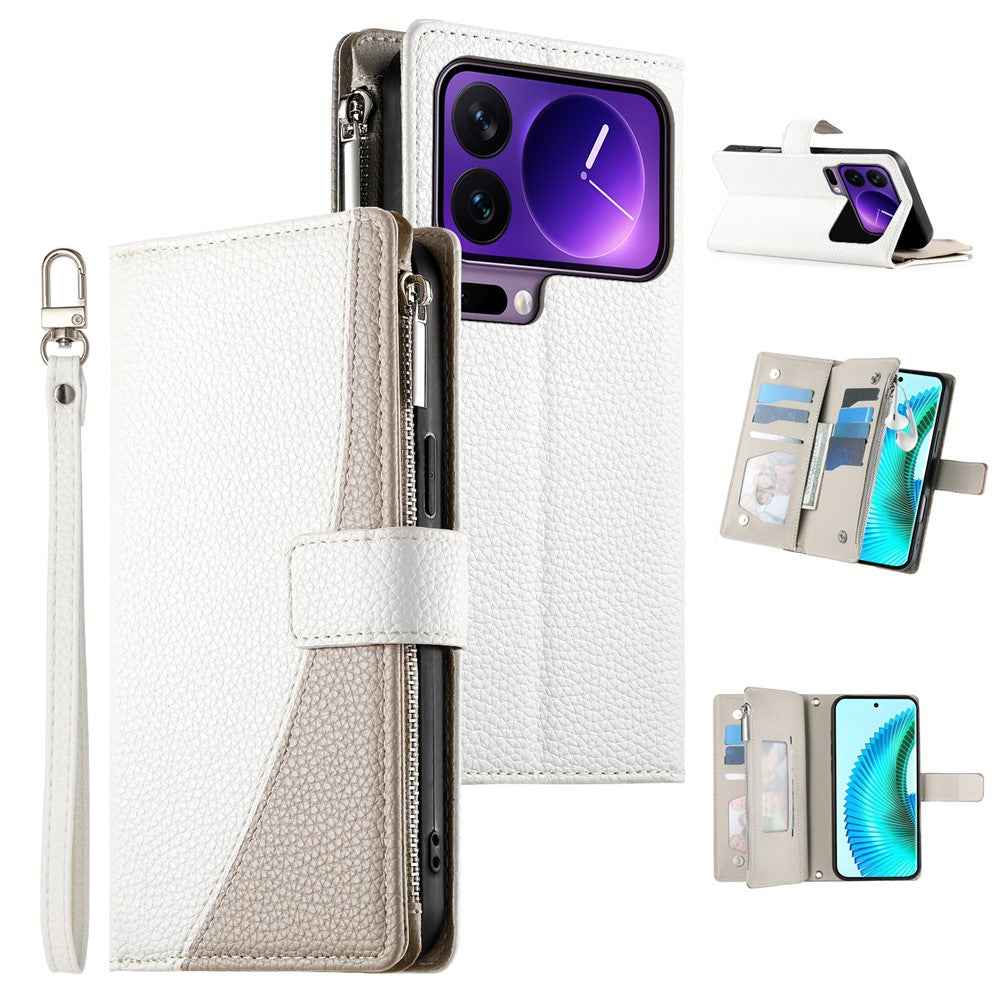 For Xiaomi 17 Pro Case Zipper Wallet Color Splicing Leather Flip Phone Cover with Straps - White