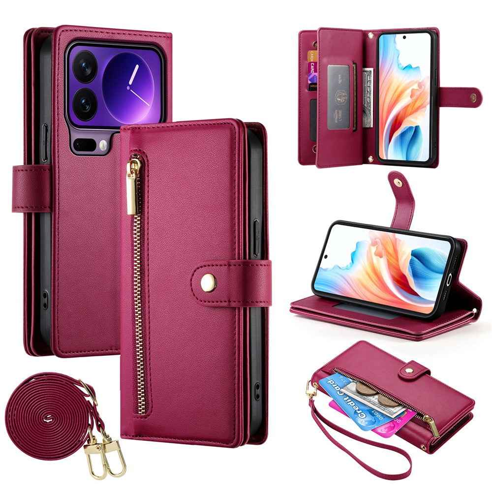 For Xiaomi 17 Pro Case Zipper Pocket Wallet Leather Phone Cover with Straps - Red