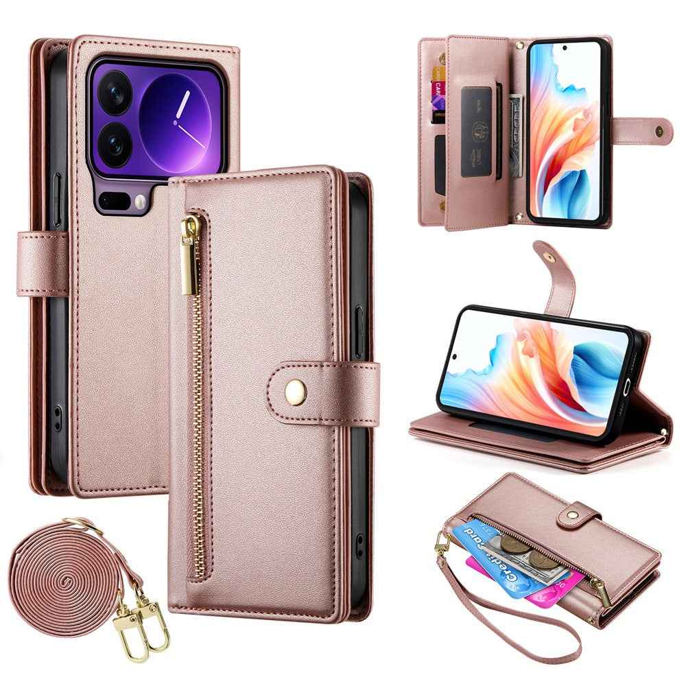 For Xiaomi 17 Pro Case Zipper Pocket Wallet Leather Phone Cover with Straps - Pink