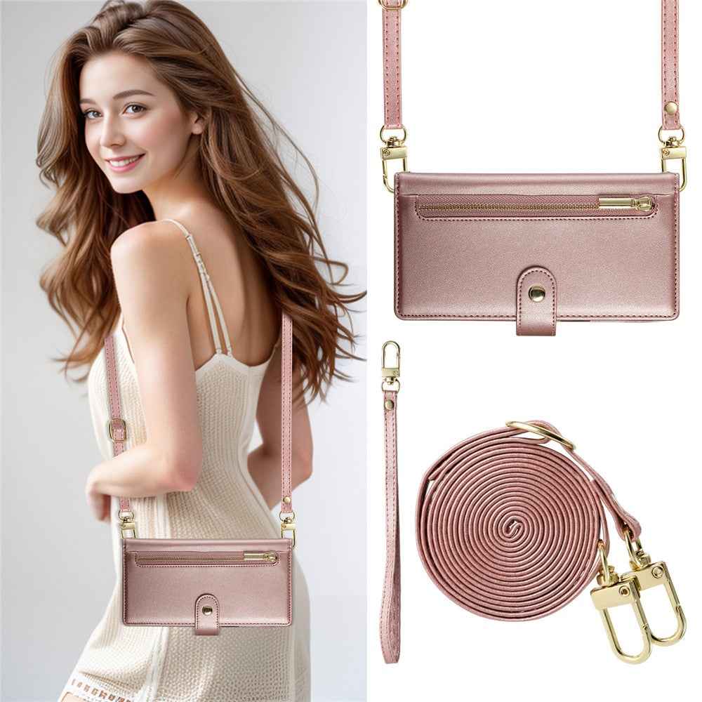 For Xiaomi 17 Pro Case Zipper Pocket Wallet Leather Phone Cover with Straps - Pink