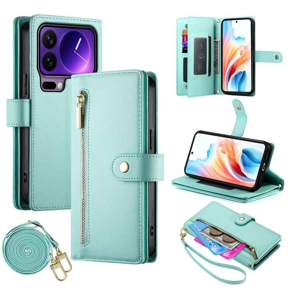 For Xiaomi 17 Pro Case Zipper Pocket Wallet Leather Phone Cover with Straps - Mint Green