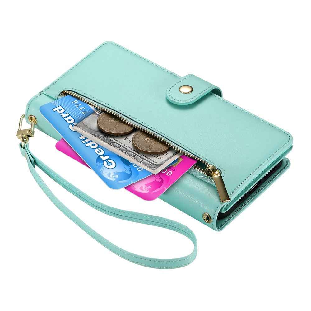 For Xiaomi 17 Pro Case Zipper Pocket Wallet Leather Phone Cover with Straps - Mint Green
