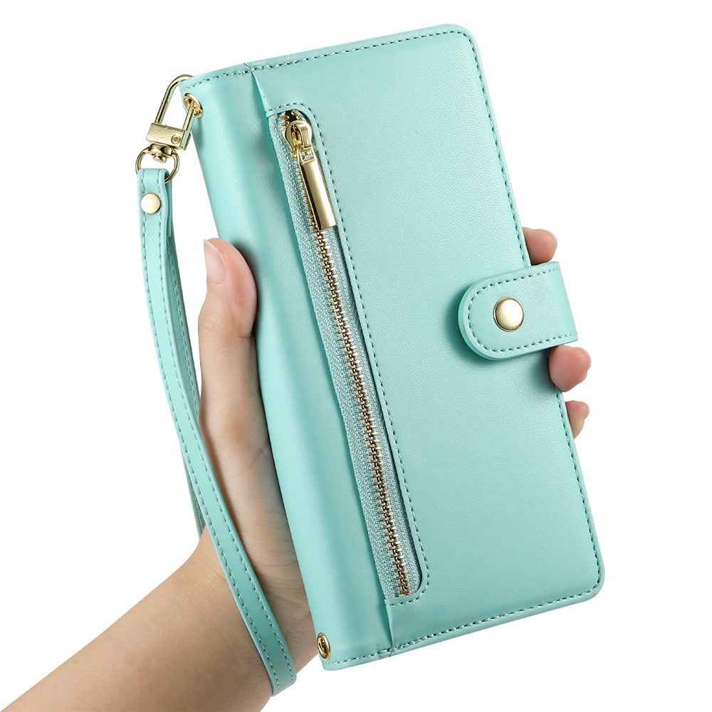 For Xiaomi 17 Pro Case Zipper Pocket Wallet Leather Phone Cover with Straps - Mint Green