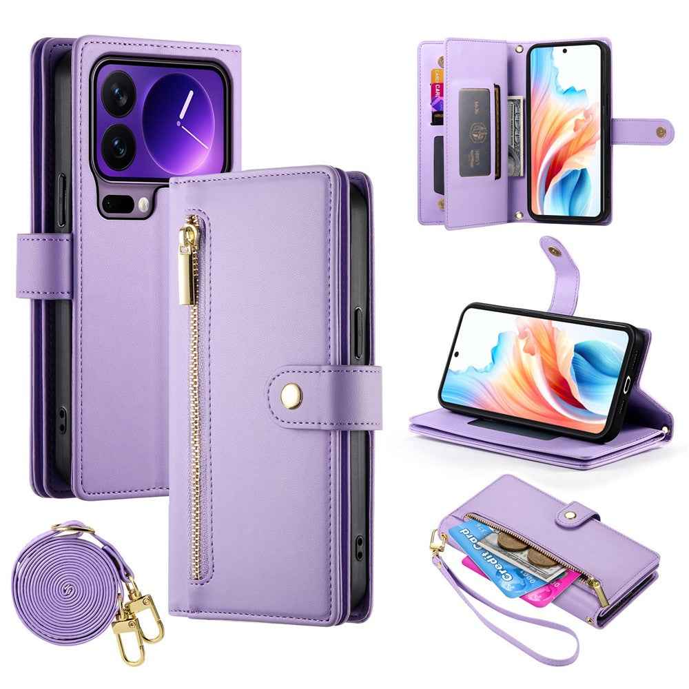 For Xiaomi 17 Pro Case Zipper Pocket Wallet Leather Phone Cover with Straps - Purple