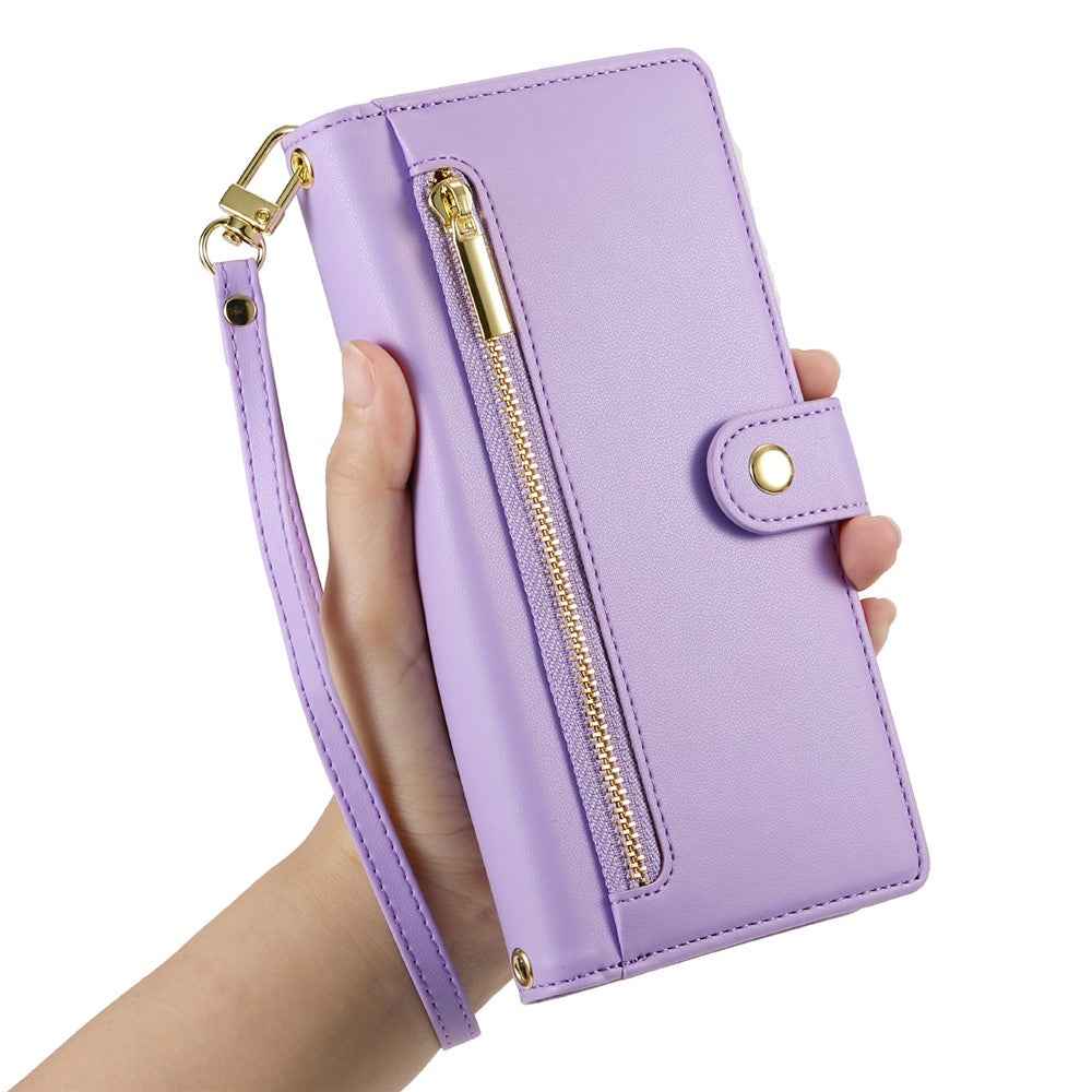For Xiaomi 17 Pro Case Zipper Pocket Wallet Leather Phone Cover with Straps - Purple