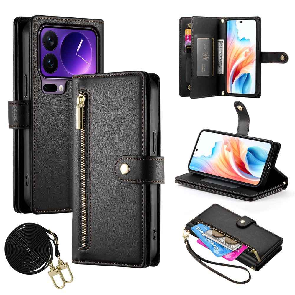 For Xiaomi 17 Pro Case Zipper Pocket Wallet Leather Phone Cover with Straps - Black