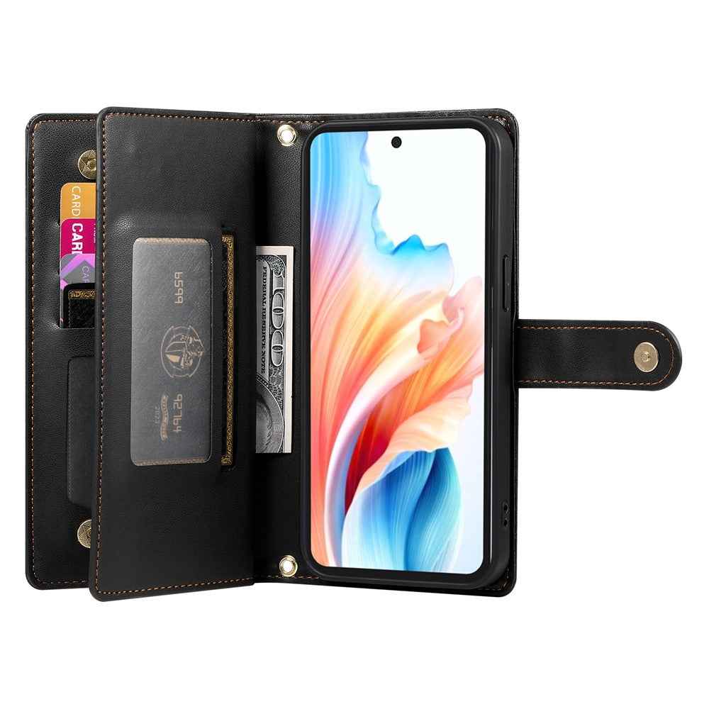 For Xiaomi 17 Pro Case Zipper Pocket Wallet Leather Phone Cover with Straps - Black