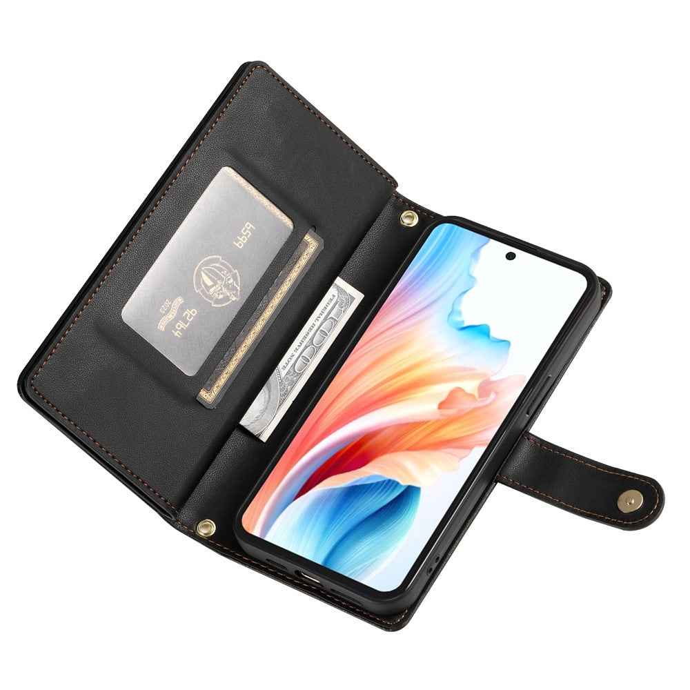 For Xiaomi 17 Pro Case Zipper Pocket Wallet Leather Phone Cover with Straps - Black