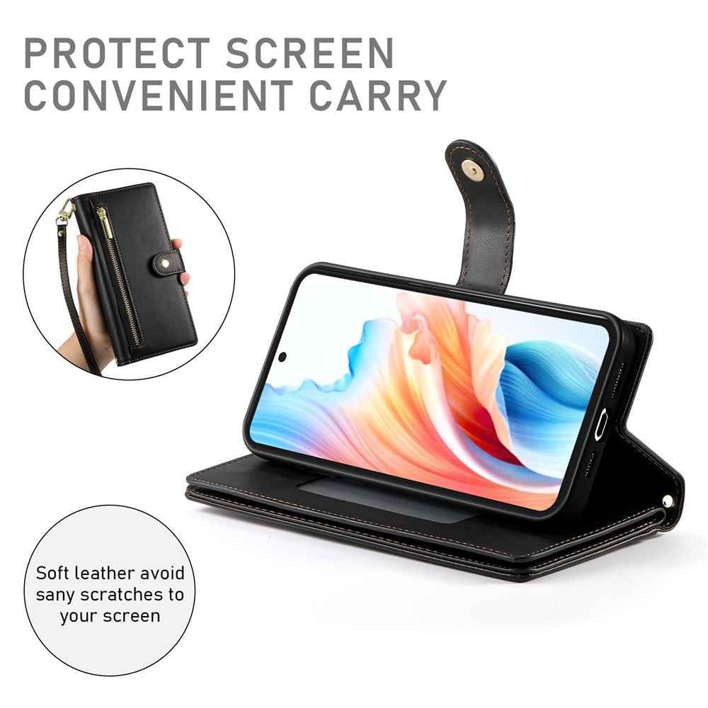 For Xiaomi 17 Pro Case Zipper Pocket Wallet Leather Phone Cover with Straps - Black