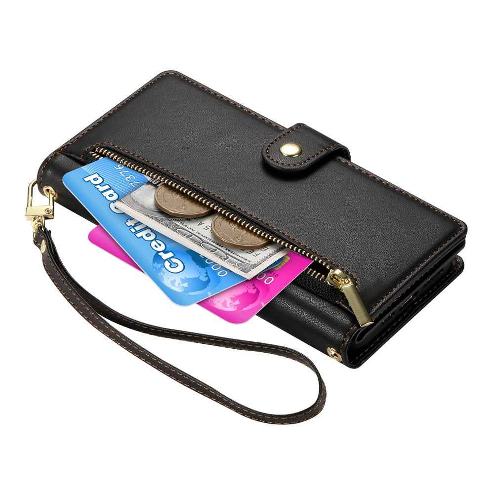For Xiaomi 17 Pro Case Zipper Pocket Wallet Leather Phone Cover with Straps - Black
